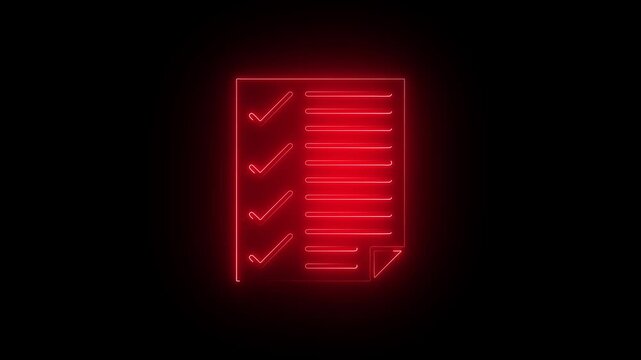 Red neon checklist on black background glowing checklist symbol with verified
