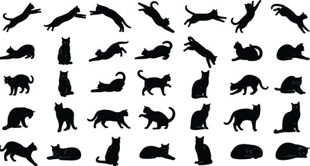 Large collection of black cat silhouettes in various poses, jumping, sitting, walking, stretching and lying down, feline vector illustration set, isolated white background, © Masuda