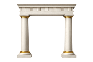 Classical square architectural frame with white marble columns and gold accents for elegant doorway design isolated on transparent background