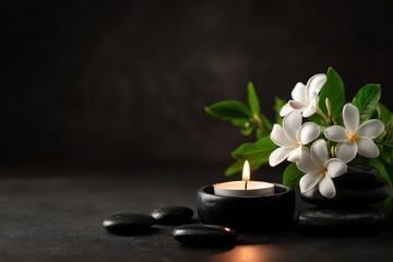 A tranquil spa composition is presented in passive voice, white tiare flowers are arranged beside smooth black stones, a lit candle casts soft warm light, dark background enhances calm wellness mood 