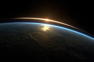 A tranquil space horizon is depicted in passive voice, a sunset glows softly above the planet 