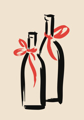 Minimal Ink Wine Bottle Illustration with Red Ribbon