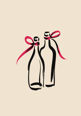 Minimal Ink Wine Bottle Illustration with Red Ribbon