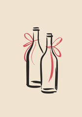 Minimal Ink Wine Bottle Illustration with Red Ribbon