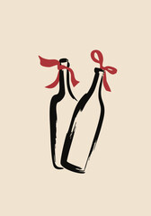 Minimal Ink Wine Bottle Illustration with Red Ribbon