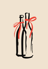Minimal Ink Wine Bottle Illustration with Red Ribbon