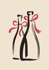 Minimal Ink Wine Bottle Illustration with Red Ribbon