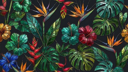 Vibrant tropical flora featuring colorful hibiscus and birds of paradise rendered in a striking stained glass pattern on dark backdrop