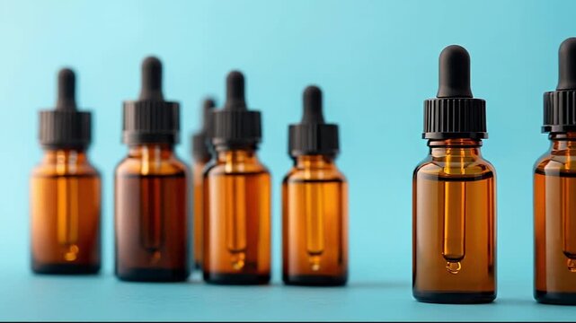Amber glass dropper bottles for cosmetic serum or essential oil arranged on blue background with depth of field