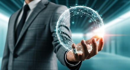 A professional in a suit presents a glowing circular network of connected data points in his hand
