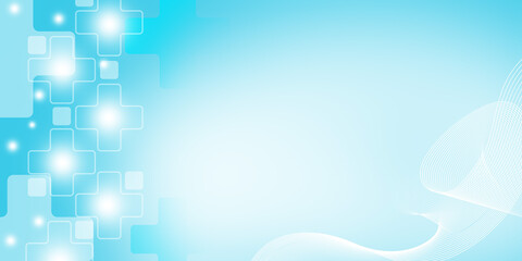 Glowing Medical Crosses and Abstract Shapes on Blue Gradient Background, Digital Healthcare Technology Concept.