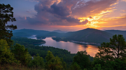 Scenic sunset over tranquil lake with winding road surrounded by tall trees, landscape photography, evening atmosphere, defocused forest, with copy space
