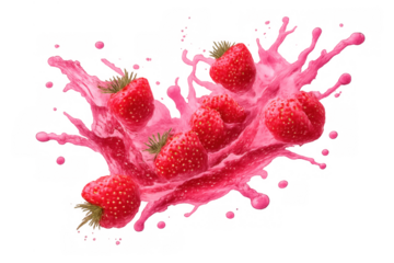 Fresh strawberries splashing into rich pink yogurt milk, creating a vibrant, dynamic liquid movement with berries flying