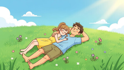 A cartoon illustration of a happy couple lying in a green field with flowers