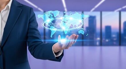 A business professional presenting a glowing holographic world map symbolizing global connectivity and technological advancement in a modern office setting
