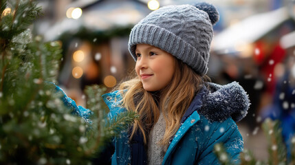 Side profile of girl child standing next to Christmas tree in city faceless, snowing, christmas market, winter season, happy holidays defocused, with copy space