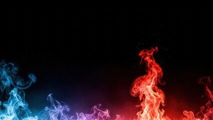 Vibrant blue and red smoke swirling against black background