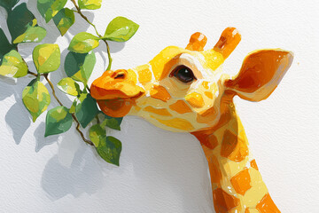 Cute Cartoon Giraffe Eating Leaves on White Background Bright Friendly Illustration