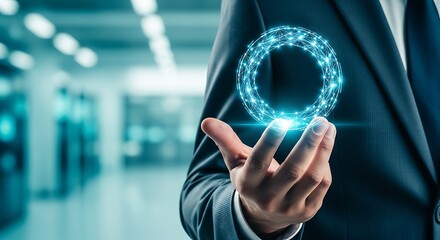 A business professional demonstrating a glowing circular digital network with a futuristic and innovative approach