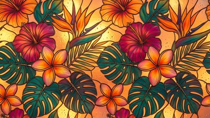 Vibrant stained glass pattern featuring lush tropical foliage like hibiscus plumeria and bird of paradise against a warm amber backdrop