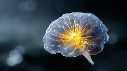 A high-impact scientific-futuristic visualization of a human brain rendered in translucent blue tones, floating against a deep dark background, with a bright glowing yellow core 4k - Powered by Adobe