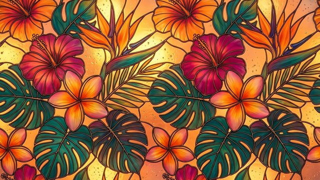 Vibrant stained glass pattern featuring lush tropical foliage like hibiscus plumeria and bird of paradise against a warm amber backdrop