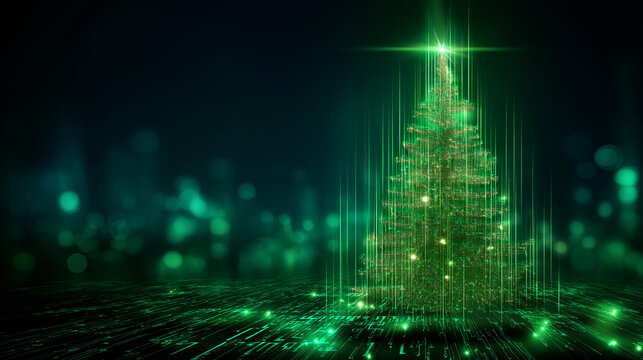 Futuristic glowing green holiday tree visualization, digital electronic programming neon code with green lines and dots, science and technology, glowing rays with flickering
