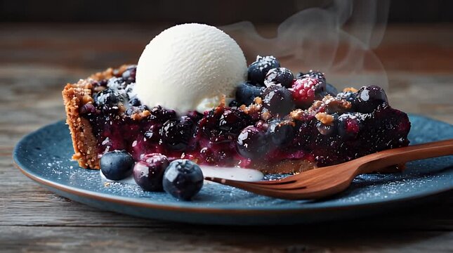A slice of blueberry pie topped with vanilla ice cream on a blue plate, a wooden fork lies beside it. Steam rises