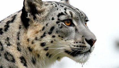 Obraz premium Photographic portrait of a snow leopard (irbis) in profile against a white background. Focus on its amber eyes, detailed spotted fur, and alert expression.