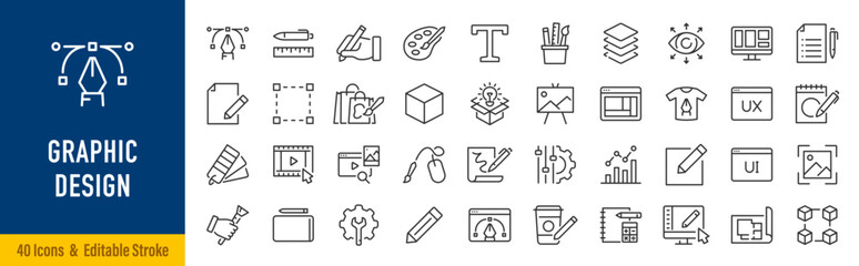 Plakat Graphic design web icons in line style. Icons for graphic designer, creative package, stationary, software, creativity, tools, drawing, collection. Editable stroke. Vector illustration.