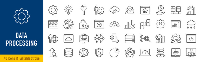 Data Processing web icons in line style. Analytics, gear, network, statistic, filter, diagrams, technology. Icon collection. Editable stroke. Vector illustration.