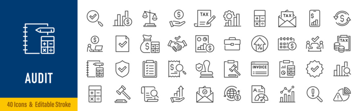Audit web icon in line style. Assessment, calculator, check mark, auditing, inspection, investment, calculation, analytics, collection. Editable stroke. Vector illustration.