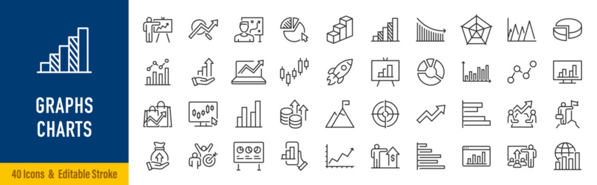 Graph and Charts web icons in line style. Graphics, infographic, statistics, data, diagrams, economy reduction, finance, arrow, business, increase, decrease. Editable stroke. Vector illustration.
