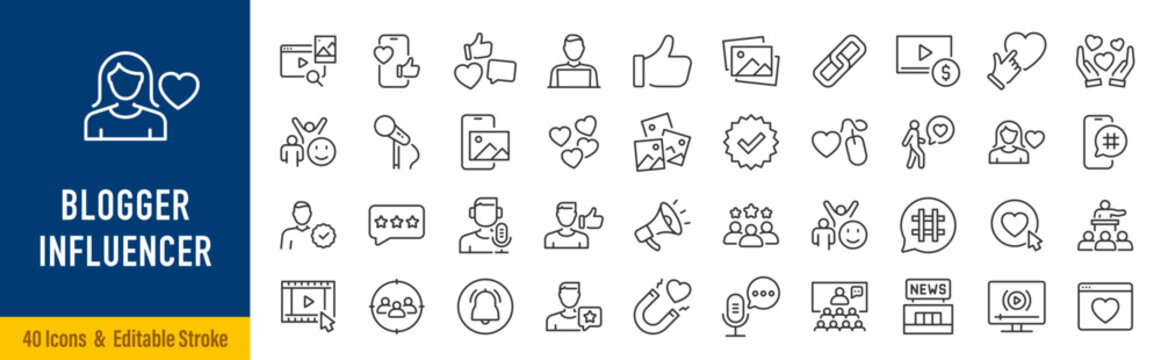 Blogger and Influencer web icons in line style. Blog, monetization, personal brand, video, likes, social media, collection. Editable stroke. Vector illustration.