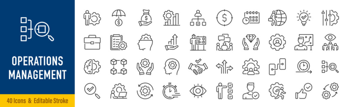 Operations management web icons in line style. Logistics, business process, maintenance, supply chain, improvement, planning, collection. Editable stroke. Vector illustration.
