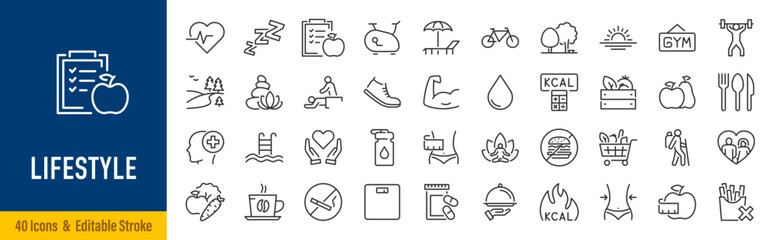 Fototapeta na wymiar Lifestyle web icon set in line style. Healthcare, healthy lifestyle, health, diet, healthy food, exercise, sleep, collection. Editable stroke. Vector illustration.