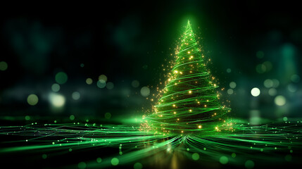Futuristic glowing green holiday tree visualization, digital electronic programming neon code with green lines and dots, science and technology, glowing rays with flickering