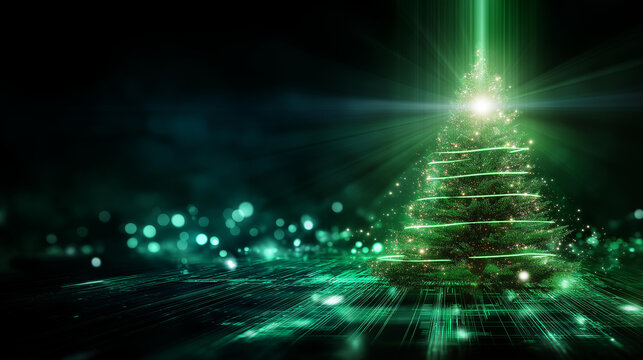 Futuristic glowing green holiday tree visualization, digital electronic programming neon code with green lines and dots, science and technology, glowing rays with flickering