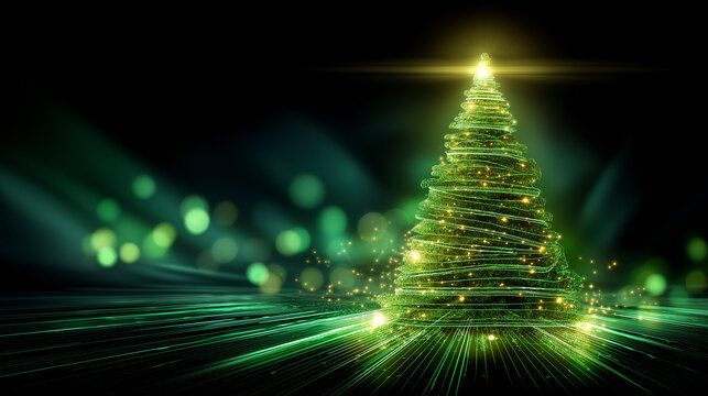 Futuristic glowing green holiday tree visualization, digital electronic programming neon code with green lines and dots, science and technology, glowing rays with flickering