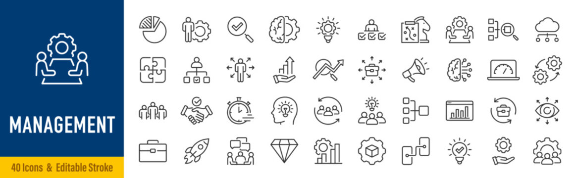 Management web icons in line style. Media, teamwork, business, planning, strategy, marketing collection. Editable stroke. Vector illustration.