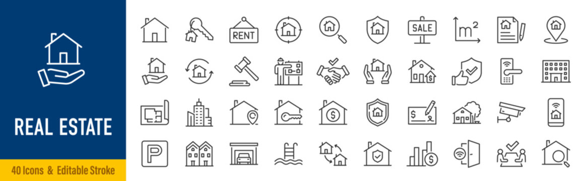 Real Estate web icons in line style. Rent, building, agent, house, auction, property, mortgage, home, realtor, collection. Editable stroke. Vector illustration.