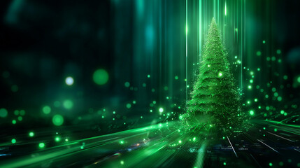 Banner futuristic glowing green holiday tree visualization, digital electronic programming neon code with green lines and dots, science and technology, glowing rays with