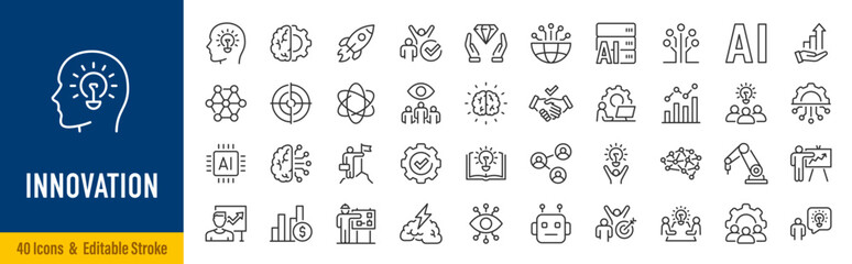 Innovation web icons in line style. Creativity, Finding solution, Brainstorming, technology, teamwork, Inspiration, Creative thinking, Brain. Editable stroke. Vector illustration. © iiierlok_xolms
