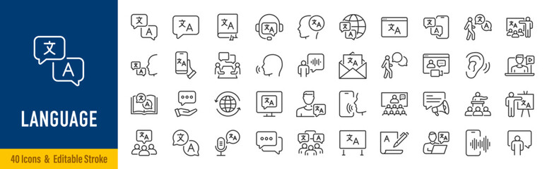 Language web icon set in line style. Language translation, linguistics, speaking, dictionary, listening skills, writing, translate, collection. Editable stroke. Vector illustration. © iiierlok_xolms
