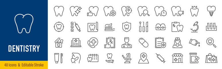 Obraz premium Dentistry web icon set in line style. Dentist, dental, dental treatment, prosthetics, teeth whitening, implant, braces, collection. Editable stroke. Vector illustration.