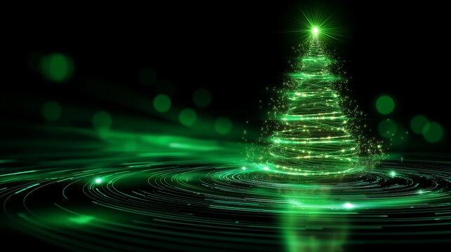Banner futuristic glowing green holiday tree visualization, digital electronic programming neon code with green lines and dots, science and technology, glowing rays with - Powered by Adobe