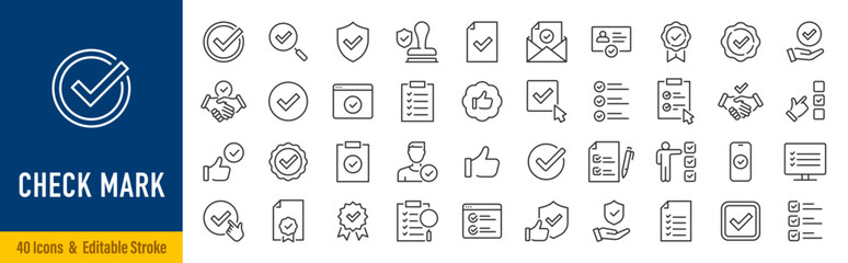 Checkmark and Approved web icon set in line style. Checklist, accepted, stamp, accept, agree, quality control, collection. Editable stroke. Vector illustration. © iiierlok_xolms