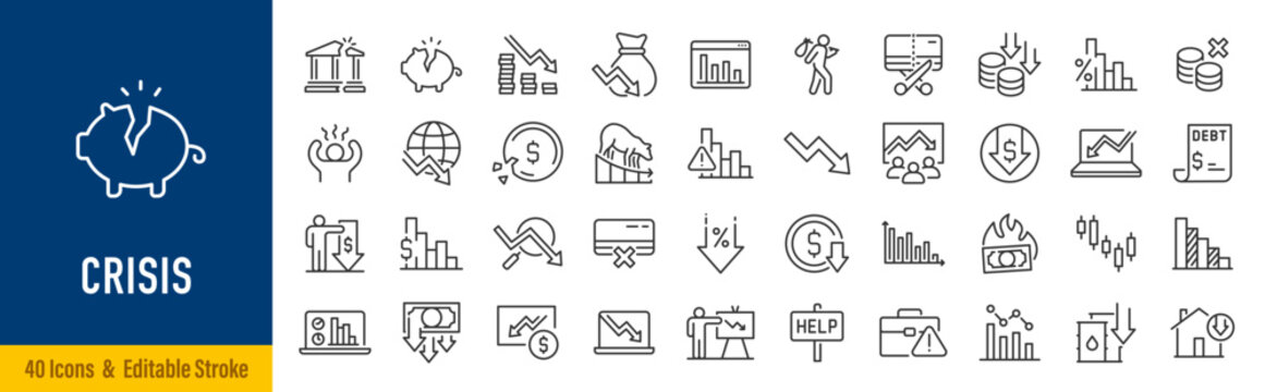 Crisis web icon set in line style. Decrease, recession, collapse, layoff, panic, job fired, pay cuts, low cost, collection. Editable stroke. Vector illustration.