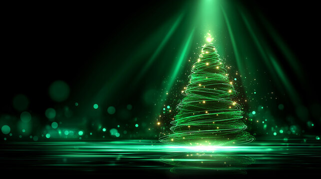 Futuristic glowing green holiday tree visualization, digital electronic programming neon code with green lines and dots, science and technology, glowing rays with flickering