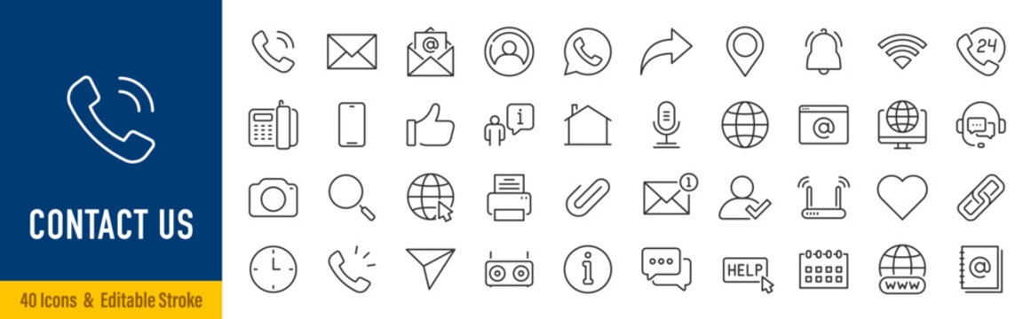 Contact Us web icons in line style. Web and mobile icon. Chat, point, chat, support, message, phone, globe, call, info collection. Editable stroke. Vector illustration.